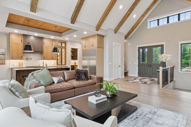 4864 148th Ave, Ham Lake, MN 55304 - living room with recessed lighting, beamed ceiling, light wood-type flooring, and high vaulted ceiling