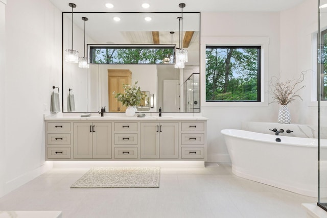 4864 148th Ave, Ham Lake, MN 55304 - bathroom featuring double vanity, a soaking tub, a shower stall, healthy amount of natural light, and recessed lighting