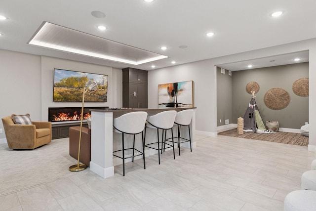 4864 148th Ave, Ham Lake, MN 55304 - kitchen featuring a kitchen breakfast bar, recessed lighting, a lit fireplace, and open floor plan