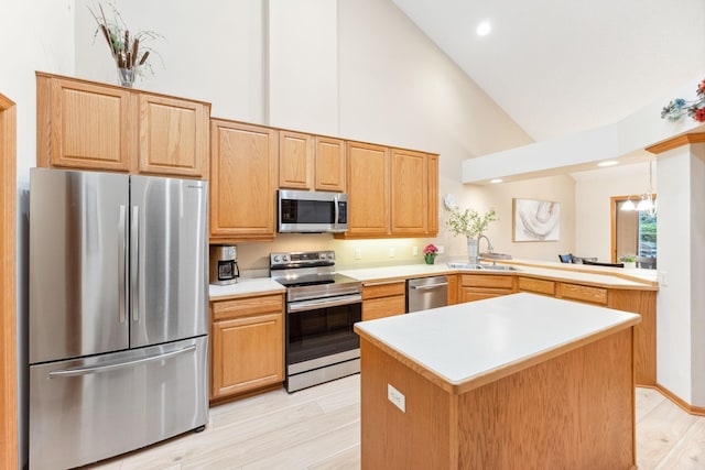 4438 Napier Pkwy NE, Saint Michael, MN 55376 - kitchen featuring stainless steel appliances, high vaulted ceiling, light wood-style flooring, light countertops, and recessed lighting