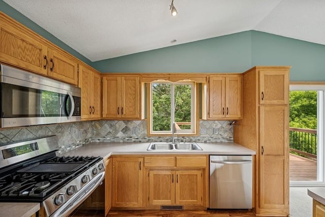 15271 Sodium St NW, Ramsey, MN 55303 - kitchen with stainless steel appliances, lofted ceiling, light countertops, decorative backsplash, and light wood-style flooring