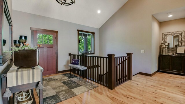 30488 292nd St, Lake Holcombe Twp, WI 54745 - foyer entrance featuring light wood-style flooring, high vaulted ceiling, and recessed lighting