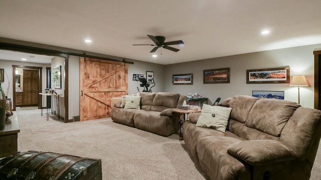 30488 292nd St, Lake Holcombe Twp, WI 54745 - living room with a barn door, carpet, recessed lighting, and ceiling fan
