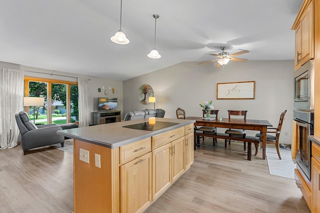 9009 44th Cir N, New Hope, MN 55428 - kitchen featuring appliances with stainless steel finishes, open floor plan, a kitchen island, light wood-style floors, and a ceiling fan