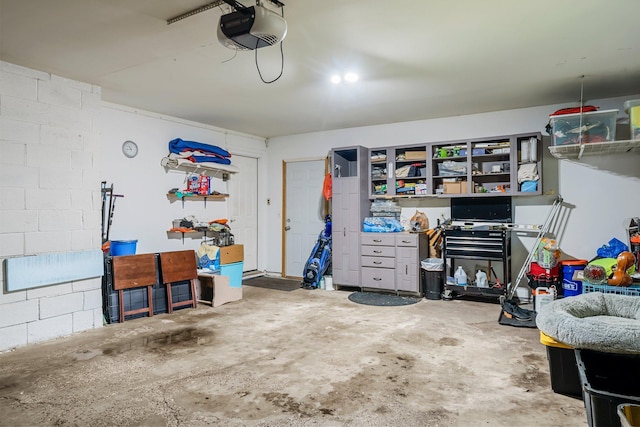 9009 44th Cir N, New Hope, MN 55428 - garage featuring a garage door opener and concrete block wall