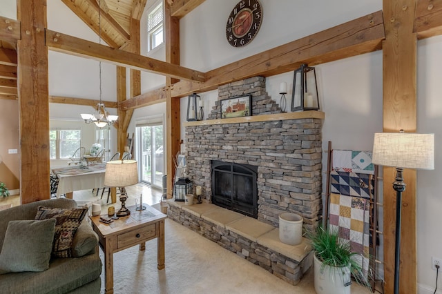 5393 Bachelor Rd NW, Hackensack, MN 56452 - carpeted living room with a chandelier and a fireplace