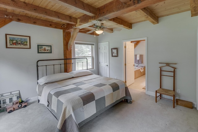 5393 Bachelor Rd NW, Hackensack, MN 56452 - bedroom featuring a wooden ceiling with exposed beams, light carpet, connected bathroom, and ceiling fan