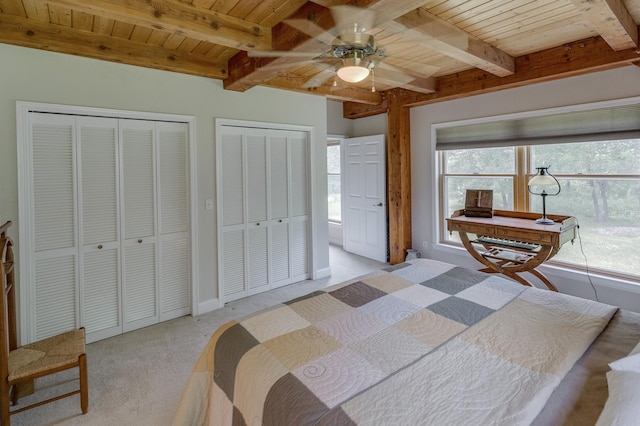 5393 Bachelor Rd NW, Hackensack, MN 56452 - bedroom with a wooden ceiling with exposed beams, multiple windows, multiple closets, light colored carpet, and a ceiling fan