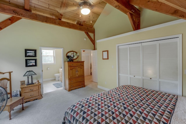 5393 Bachelor Rd NW, Hackensack, MN 56452 - bedroom with light colored carpet, a closet, ensuite bathroom, high vaulted ceiling, and a ceiling fan