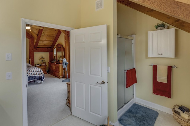 5393 Bachelor Rd NW, Hackensack, MN 56452 - full bath with a stall shower, wooden ceiling, and connected bathroom