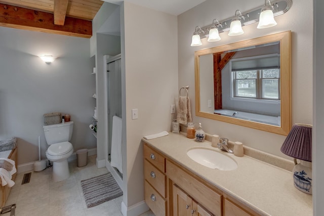 5393 Bachelor Rd NW, Hackensack, MN 56452 - full bathroom with vanity, a bath, a wood ceiling with exposed beams, and tile patterned flooring