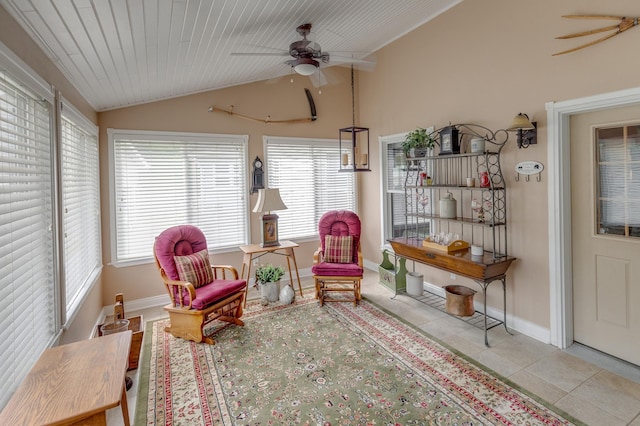 5393 Bachelor Rd NW, Hackensack, MN 56452 - living area featuring a ceiling fan, lofted ceiling, plenty of natural light, and tile patterned floors