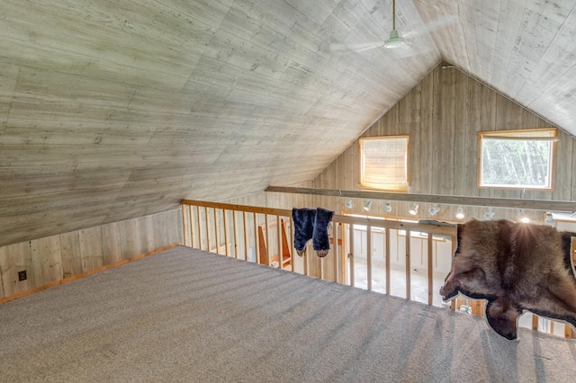 5393 Bachelor Rd NW, Hackensack, MN 56452 - additional living space featuring wood walls, vaulted ceiling, a ceiling fan, and carpet