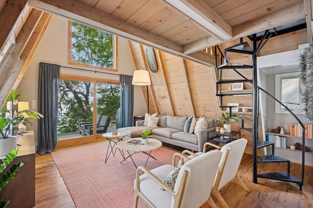 22281 670th Ave, Darwin Twp, MN 55324 - living area with wooden ceiling, hardwood / wood-style flooring, and stairs