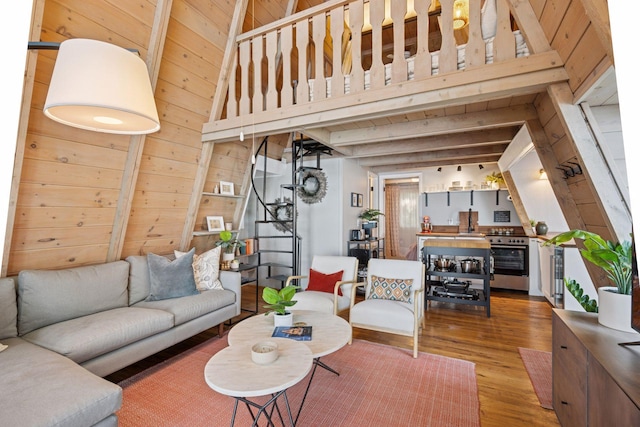 22281 670th Ave, Darwin Twp, MN 55324 - living room with wooden walls, wood finished floors, and a towering ceiling