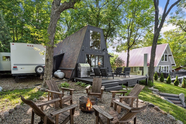 22281 670th Ave, Darwin Twp, MN 55324 - back of house with a fire pit, a wooden deck, and a shingled roof