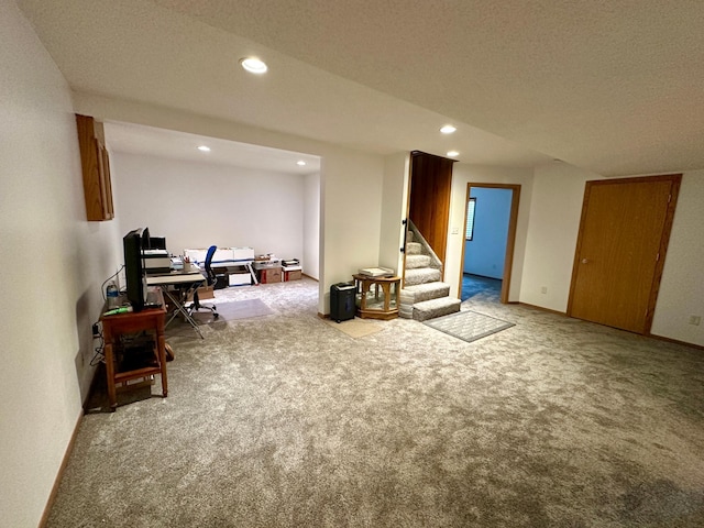 607 Washington Ave, Spring Valley, MN 55975 - carpeted living area with recessed lighting, stairs, and a textured ceiling