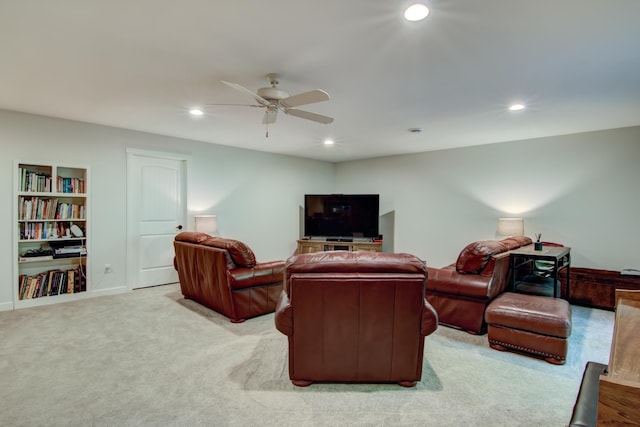 1403 Elm Ave W, Menomonie, WI 54751 - living room featuring light carpet, recessed lighting, a ceiling fan, and built in features