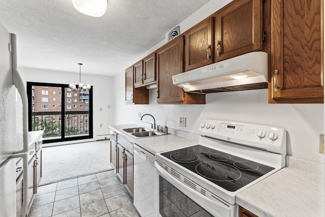 6615 Lake Shore Dr S Unit 900, Richfield, MN 55423 - kitchen featuring white electric stove, under cabinet range hood, dishwasher, light carpet, and a chandelier