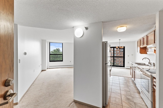 6615 Lake Shore Dr S Unit 900, Richfield, MN 55423 - hallway with light colored carpet, baseboard heating, a textured ceiling, and a chandelier