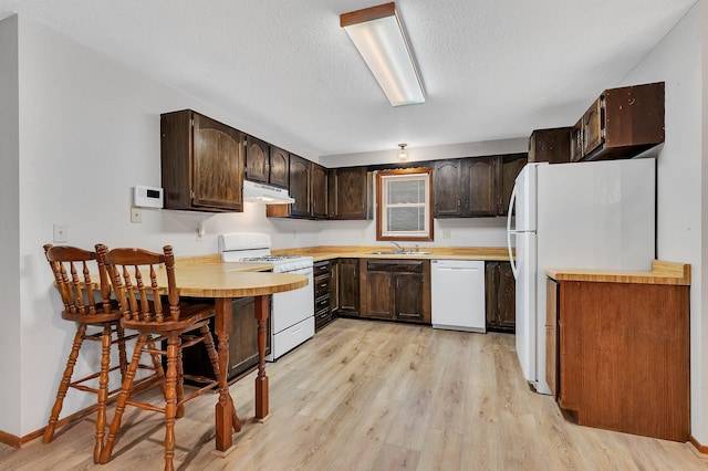 920 2nd Ave S, Sauk Rapids, MN 56379 - kitchen with white appliances, under cabinet range hood, dark brown cabinets, light wood-style floors, and a textured ceiling