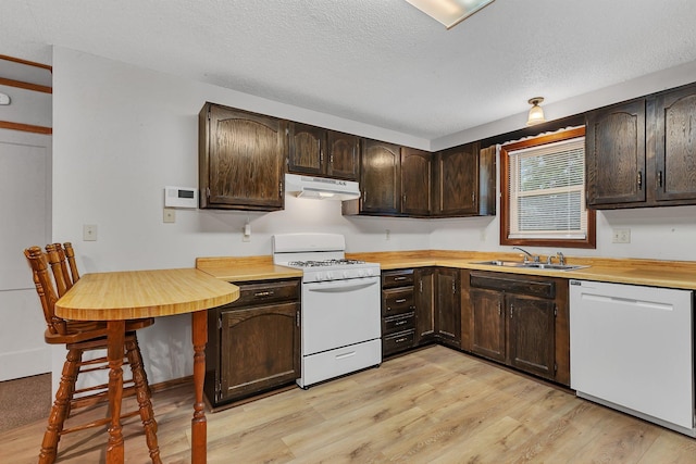 920 2nd Ave S, Sauk Rapids, MN 56379 - kitchen with white appliances, under cabinet range hood, light wood-style floors, dark brown cabinetry, and a textured ceiling