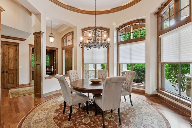 1904 Linner Rd, Minnetonka, MN 55391 - dining area with wood finished floors, healthy amount of natural light, a chandelier, and a high ceiling