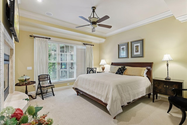 1904 Linner Rd, Minnetonka, MN 55391 - bedroom featuring ornamental molding, light colored carpet, a stone fireplace, and ceiling fan