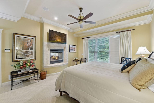 1904 Linner Rd, Minnetonka, MN 55391 - carpeted bedroom featuring ornamental molding, a multi sided fireplace, a ceiling fan, and recessed lighting
