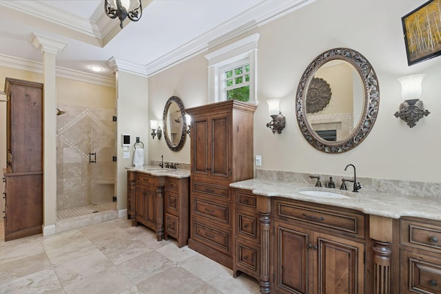 1904 Linner Rd, Minnetonka, MN 55391 - bathroom with decorative columns, double vanity, a shower stall, and ornamental molding