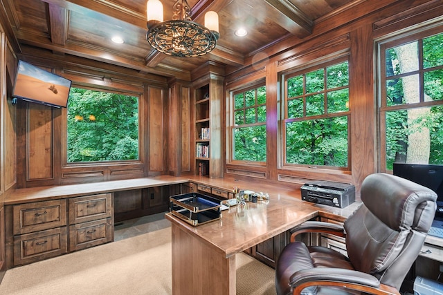 1904 Linner Rd, Minnetonka, MN 55391 - carpeted office with a wood ceiling with exposed beams, wooden walls, built in shelves, recessed lighting, and ornamental molding