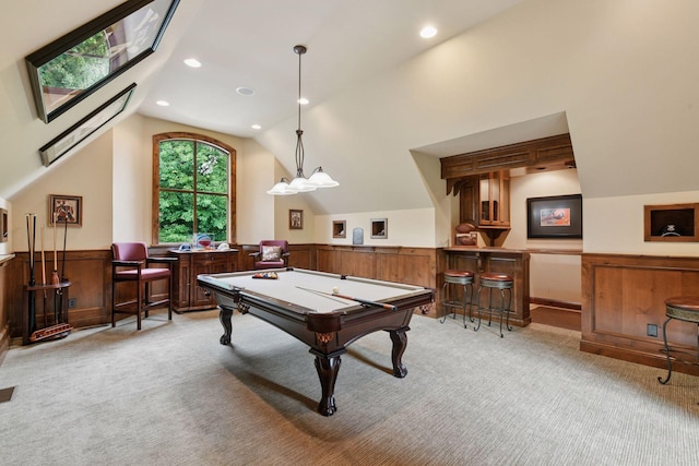 1904 Linner Rd, Minnetonka, MN 55391 - recreation room featuring light carpet, a bar, lofted ceiling, a wainscoted wall, and billiards