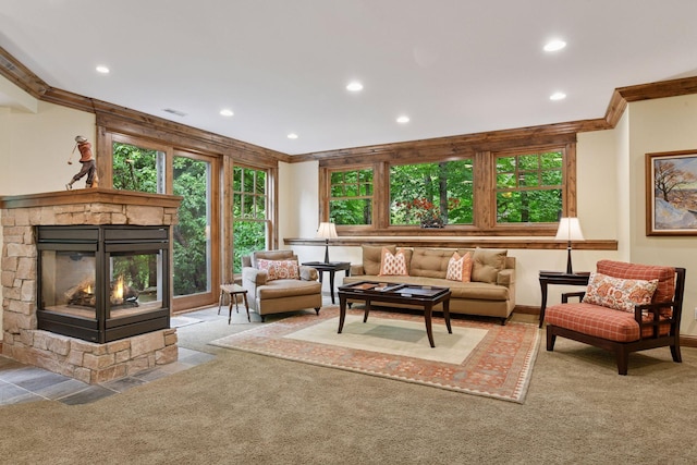 1904 Linner Rd, Minnetonka, MN 55391 - carpeted living room featuring crown molding, recessed lighting, and a fireplace
