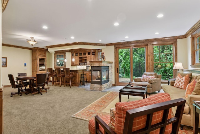 1904 Linner Rd, Minnetonka, MN 55391 - living room featuring recessed lighting, crown molding, light carpet, and a multi sided fireplace