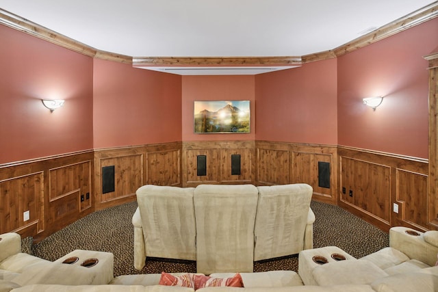 1904 Linner Rd, Minnetonka, MN 55391 - carpeted cinema room with a wainscoted wall, crown molding, and beam ceiling