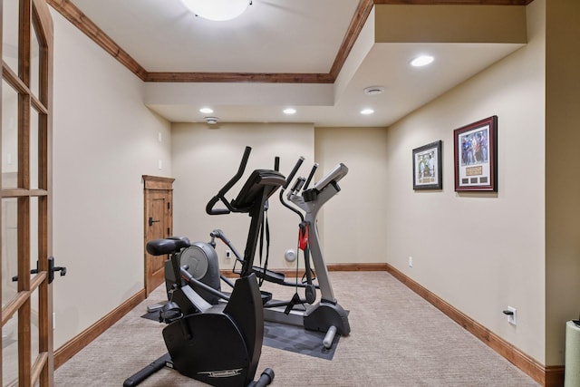 1904 Linner Rd, Minnetonka, MN 55391 - exercise room with crown molding, recessed lighting, carpet floors, and french doors