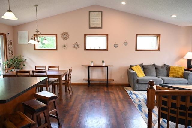 11764 35th Ave SE, Becker, MN 55308 - living room featuring vaulted ceiling, dark wood-type flooring, and recessed lighting