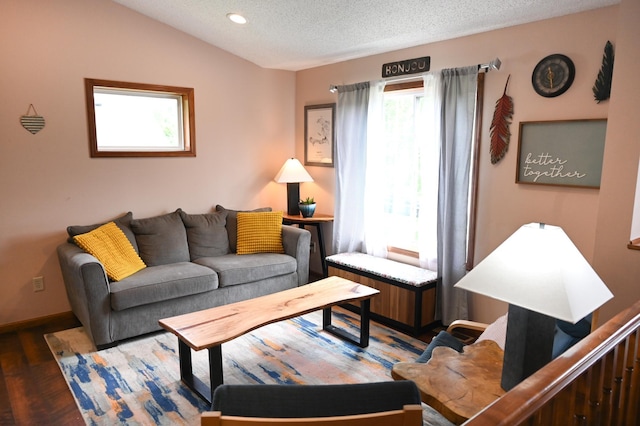 11764 35th Ave SE, Becker, MN 55308 - living room featuring healthy amount of natural light, wood finished floors, a textured ceiling, lofted ceiling, and recessed lighting