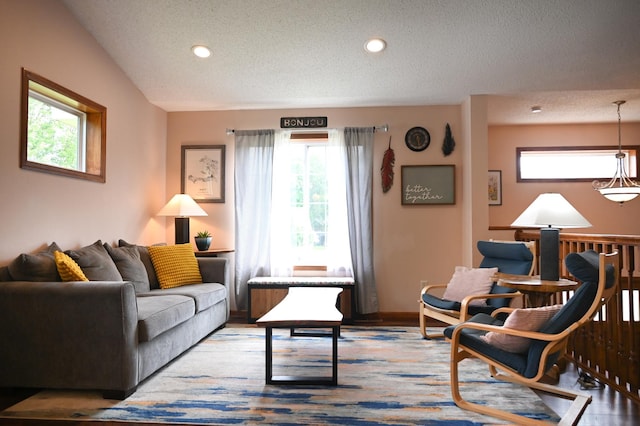 11764 35th Ave SE, Becker, MN 55308 - living area featuring plenty of natural light, a textured ceiling, wood finished floors, and recessed lighting