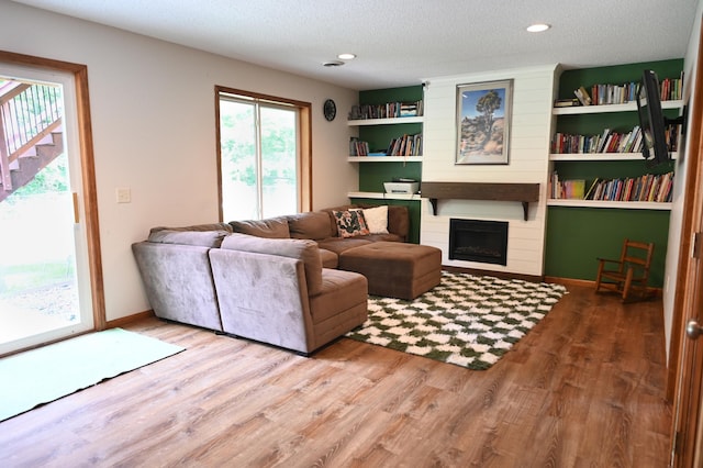 11764 35th Ave SE, Becker, MN 55308 - living room featuring a fireplace, wood finished floors, and a textured ceiling