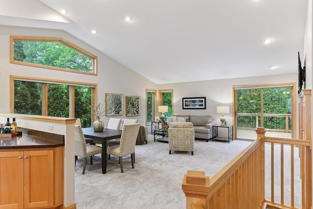 1614 Maple Manors Ct, Mound, MN 55364 - living room featuring light carpet, recessed lighting, and high vaulted ceiling