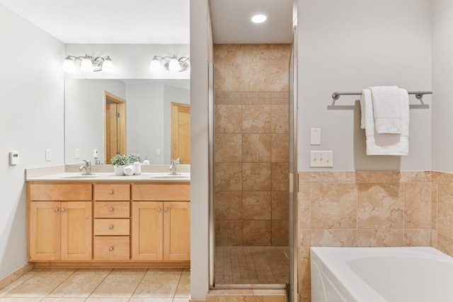 1614 Maple Manors Ct, Mound, MN 55364 - full bath with a bath, a stall shower, double vanity, and tile patterned floors