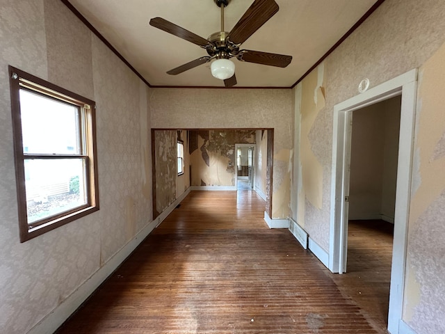 613 Cedar St, Luverne, MN 56156 - hallway with hardwood / wood-style floors, ornamental molding, and wallpapered walls