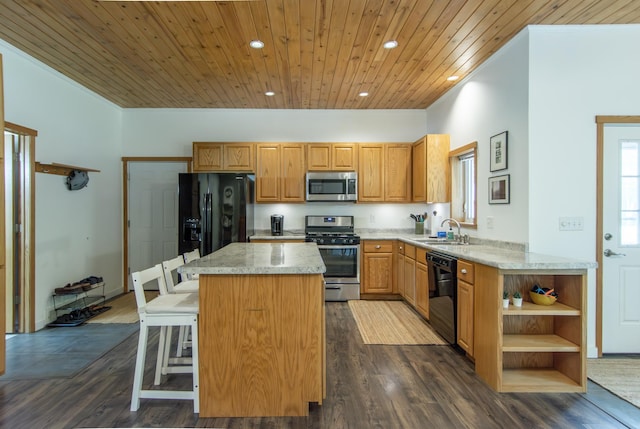 8290 Gladstone Lake Rd, Brainerd, MN 56401 - kitchen featuring black appliances, wood ceiling, a kitchen island, open shelves, and recessed lighting