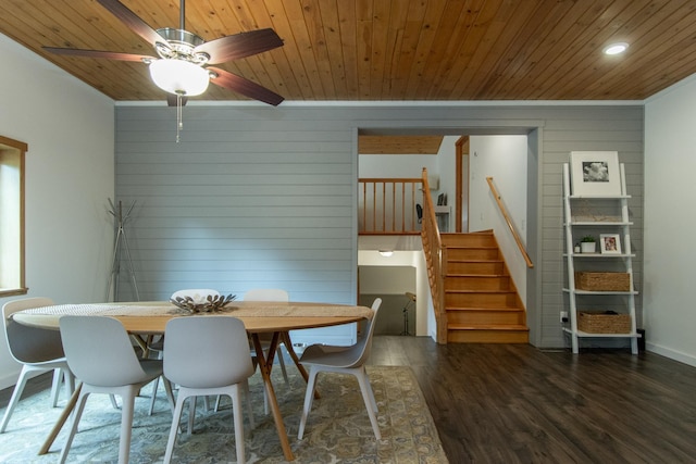 8290 Gladstone Lake Rd, Brainerd, MN 56401 - dining room with wood ceiling, wooden walls, ceiling fan, wood finished floors, and stairs