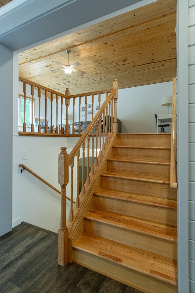 8290 Gladstone Lake Rd, Brainerd, MN 56401 - stairs with ceiling fan, wood finished floors, and wood ceiling