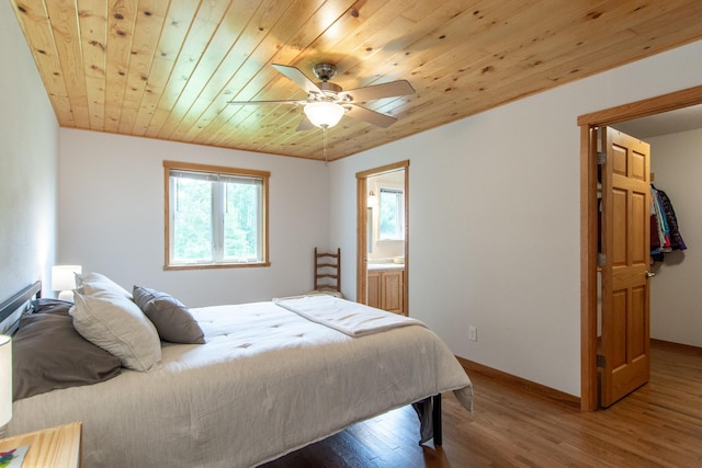 8290 Gladstone Lake Rd, Brainerd, MN 56401 - bedroom featuring wooden ceiling, wood finished floors, a ceiling fan, and ensuite bath