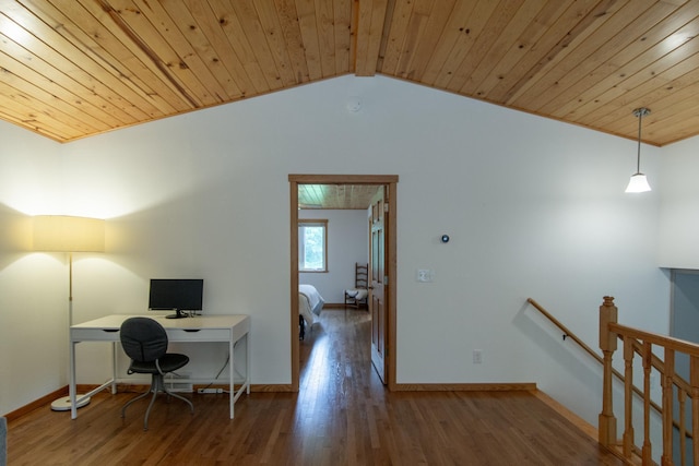 8290 Gladstone Lake Rd, Brainerd, MN 56401 - office with wood ceiling, wood finished floors, and lofted ceiling