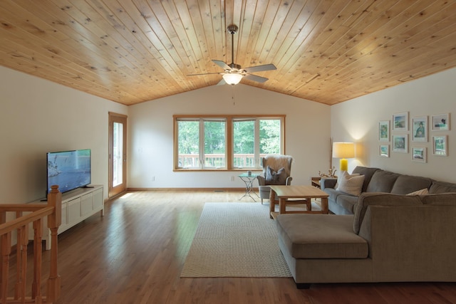 8290 Gladstone Lake Rd, Brainerd, MN 56401 - living area with lofted ceiling, ceiling fan, wooden ceiling, and wood finished floors