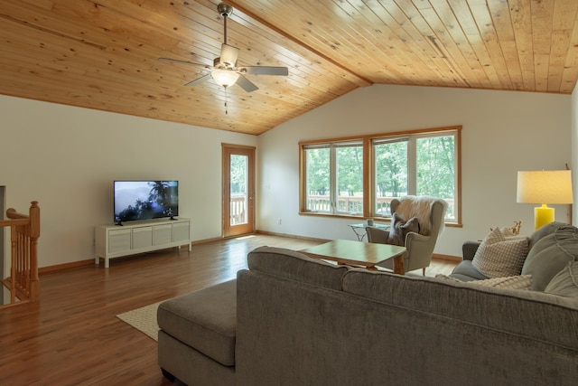 8290 Gladstone Lake Rd, Brainerd, MN 56401 - living room featuring vaulted ceiling, a ceiling fan, wood ceiling, and wood finished floors